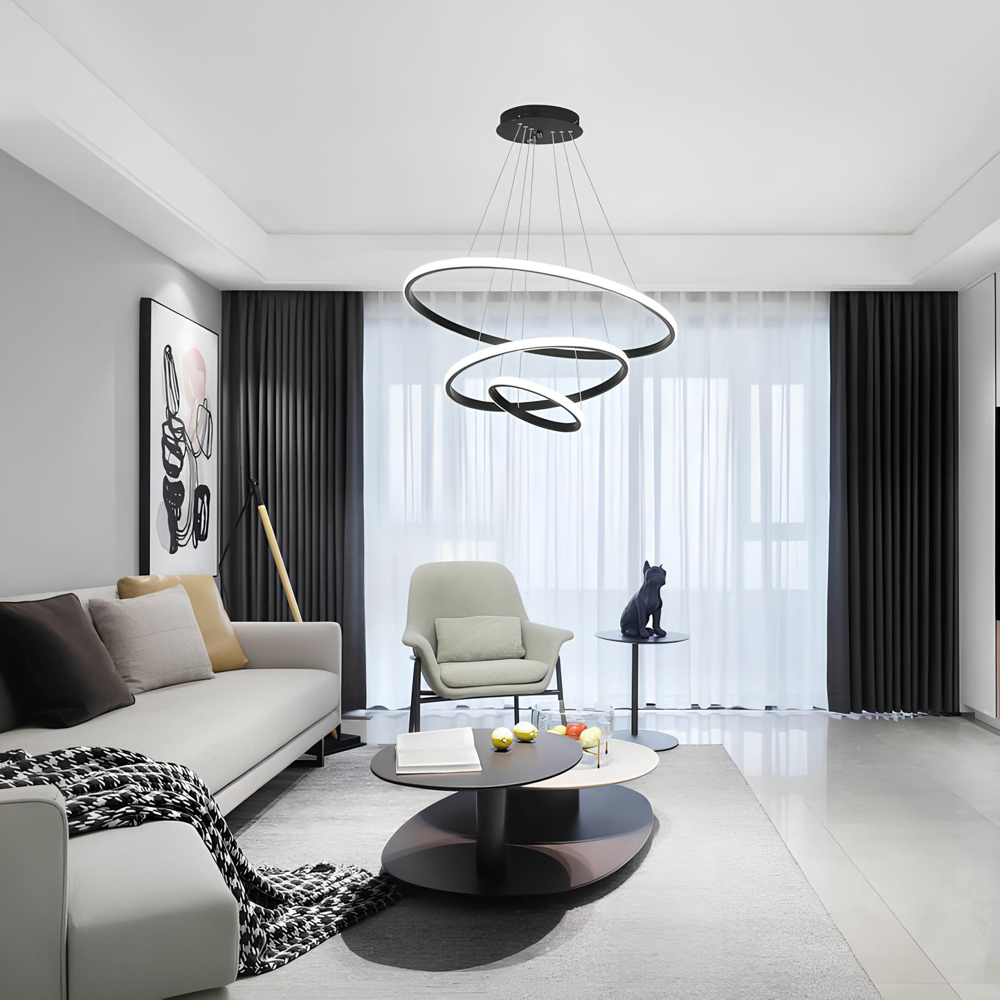 Suspension moderne à 3 anneaux – Élégance circulaire et lumière ajustable