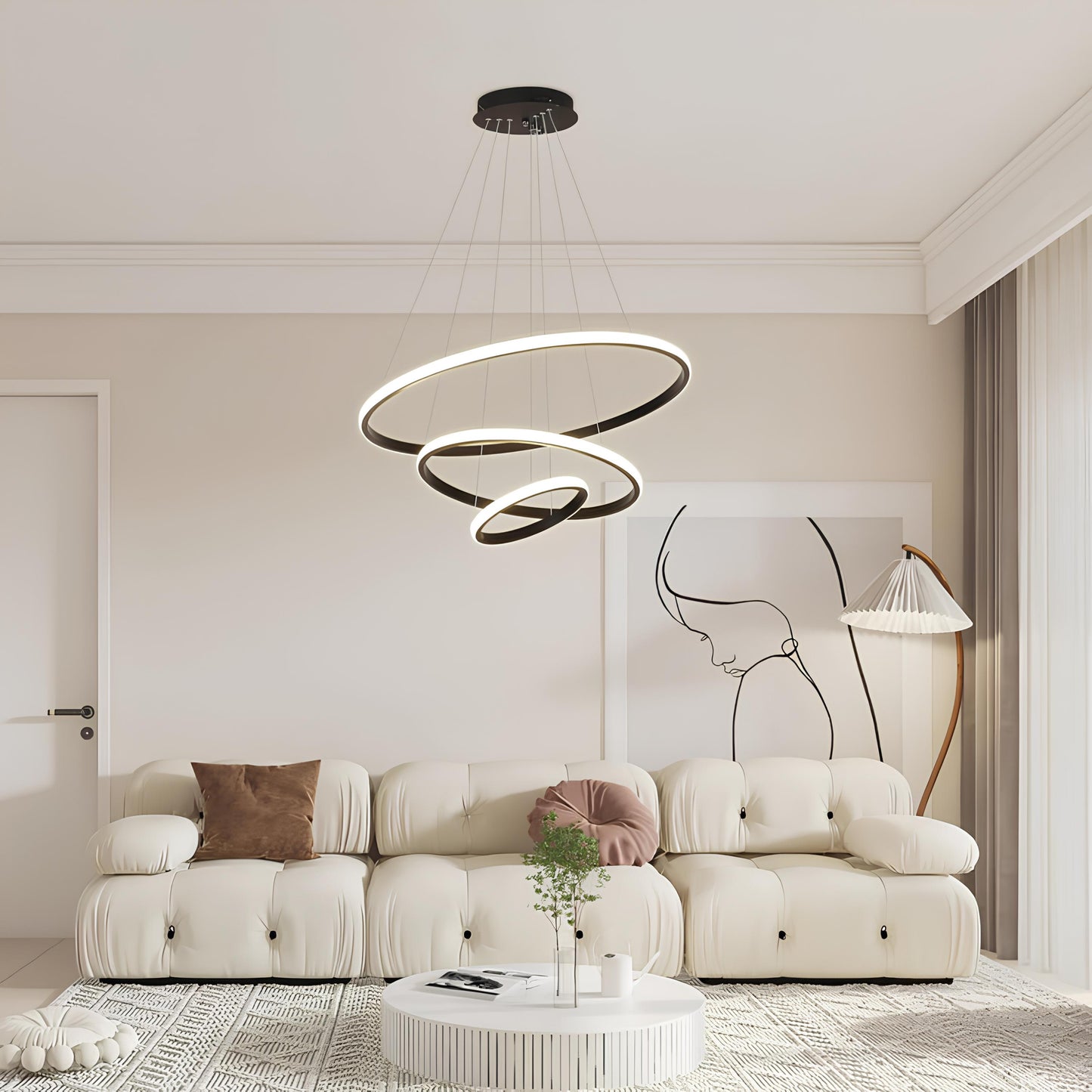 Suspension moderne à 3 anneaux – Élégance circulaire et lumière ajustable