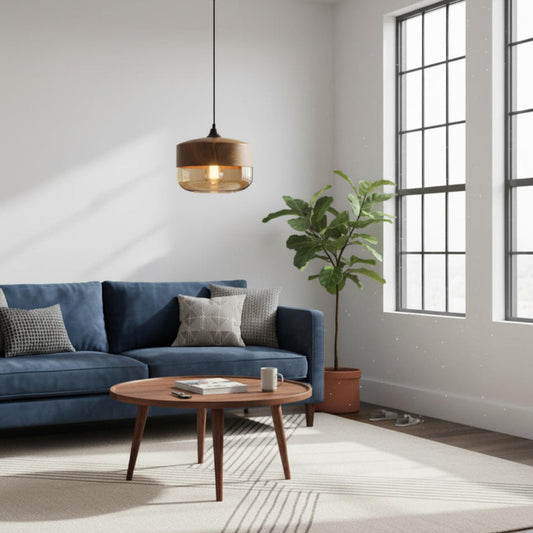 Suspension bois et verre teinte cognac – Luminaire moderne