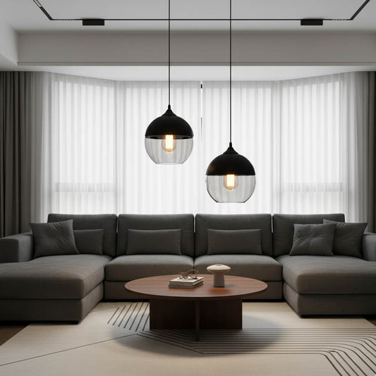 Suspension boule verre et métal noir – Style nordique moderne
