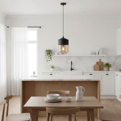 Suspension cylindre verre et métal noir – Transparente ou fumée