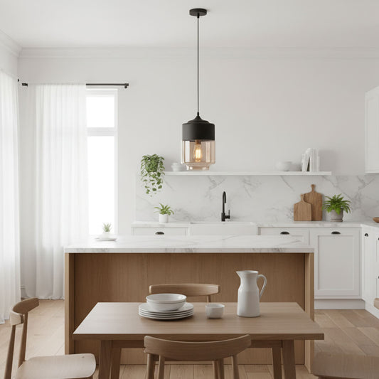 Suspension cylindre verre et métal noir – Transparente ou fumée