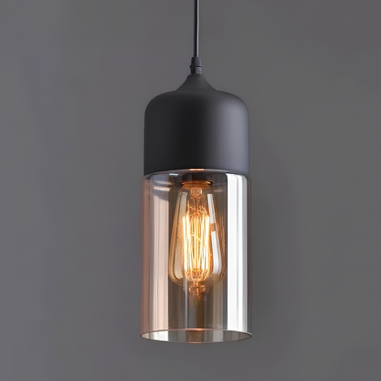 Suspension cylindre verre et métal noir – Style nordique moderne