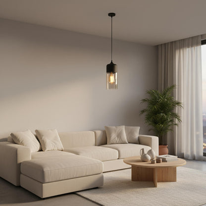 Suspension cylindre verre et métal noir – Style nordique moderne