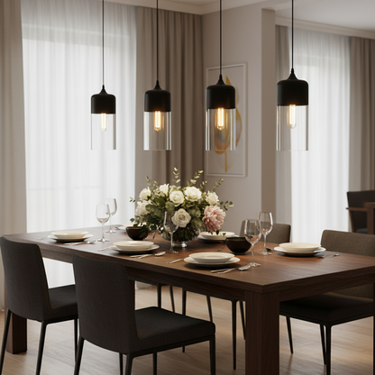 Suspension cylindre verre et métal noir – Style nordique moderne
