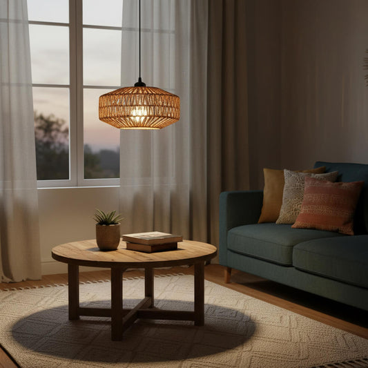 Suspension en rotin géométrique – Lumière douce et style naturel