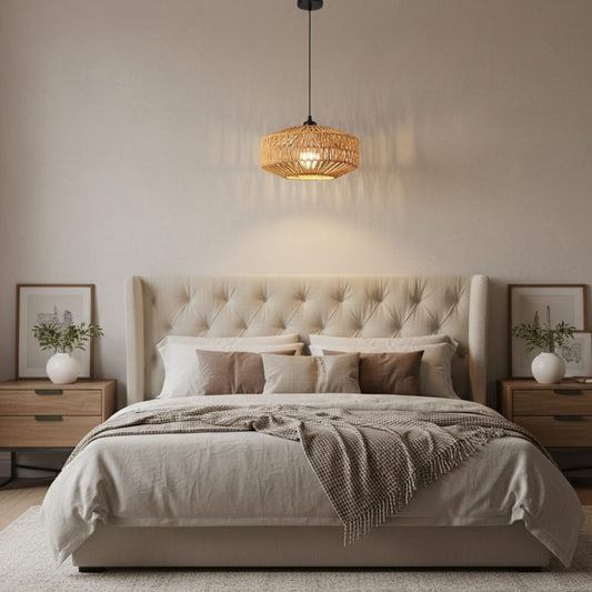 Suspension en rotin géométrique – Lumière douce et style naturel