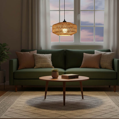 Suspension en rotin géométrique – Lumière douce et style naturel