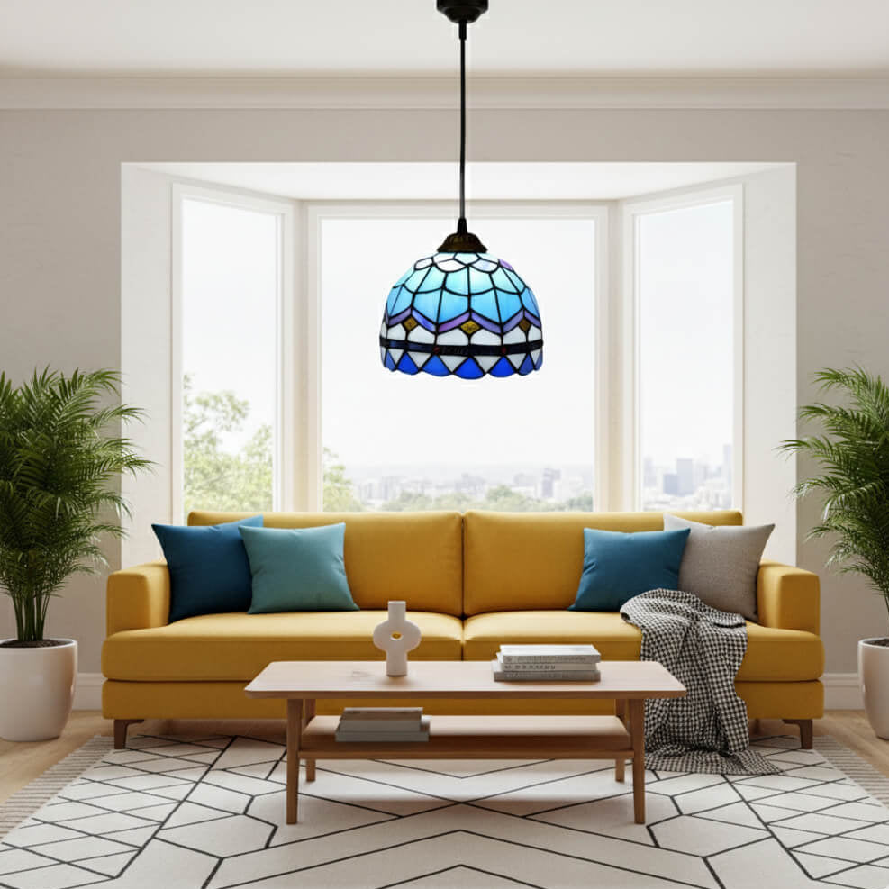 Suspension en verre coloré style vitrail bleu