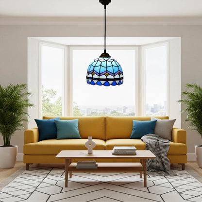 Suspension en verre coloré style vitrail bleu