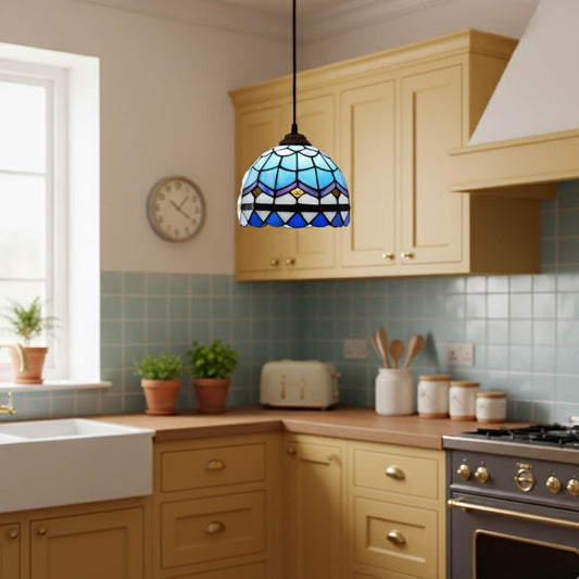 Suspension en verre coloré style vitrail bleu