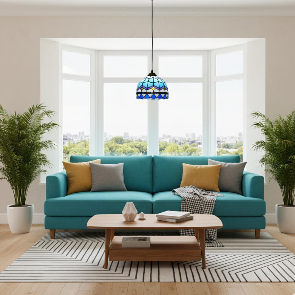 Suspension en verre coloré style vitrail bleu