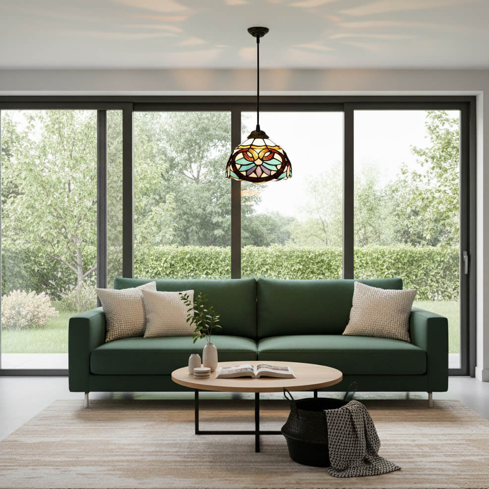 Suspension en verre coloré style vitrail géométrique