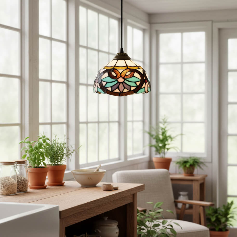 Suspension en verre coloré style vitrail géométrique