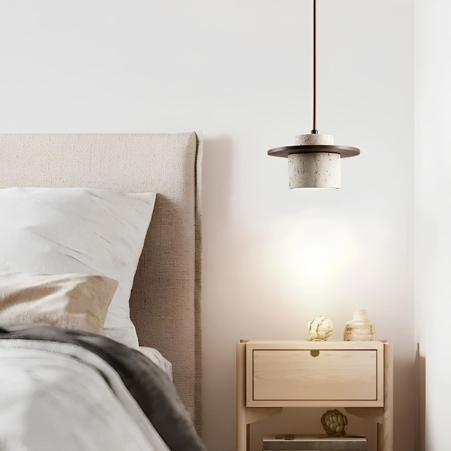 Suspension japonaise pierre et bois – Douceur crème et design vintage