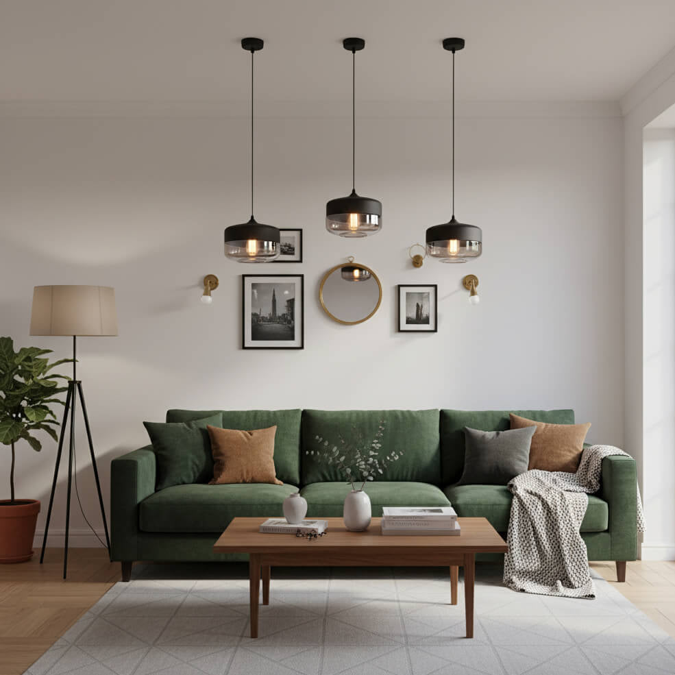 Suspension large en verre et métal noir – Transparente ou fumée