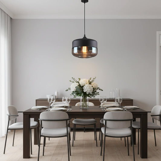 Suspension large en verre et métal noir – Transparente ou fumée