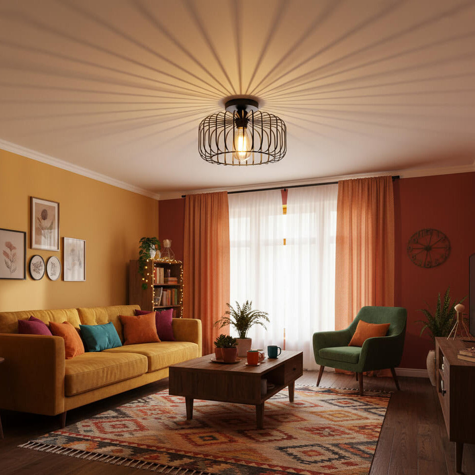 Suspension plafond style industriel rétro – luminaire cage en fer