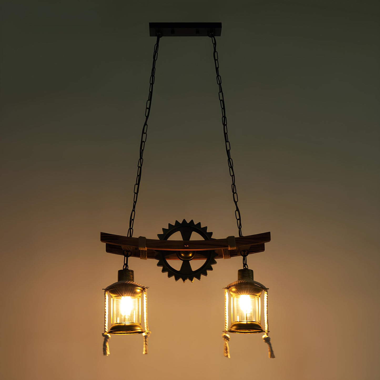 Suspension vintage bois et métal – Lustre 2 ampoules style rustique