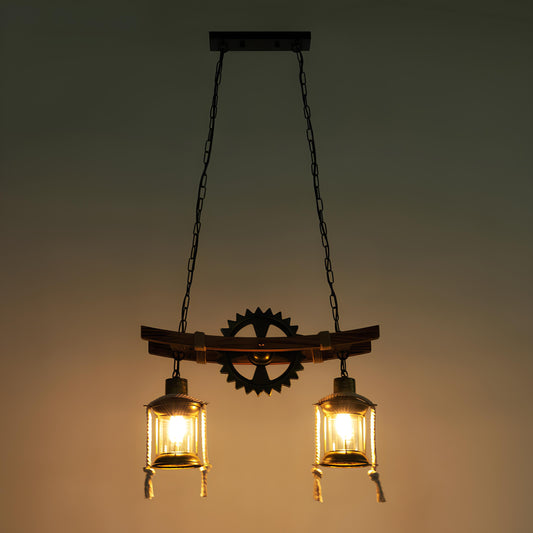 Suspension vintage bois et métal – Lustre 2 ampoules style rustique