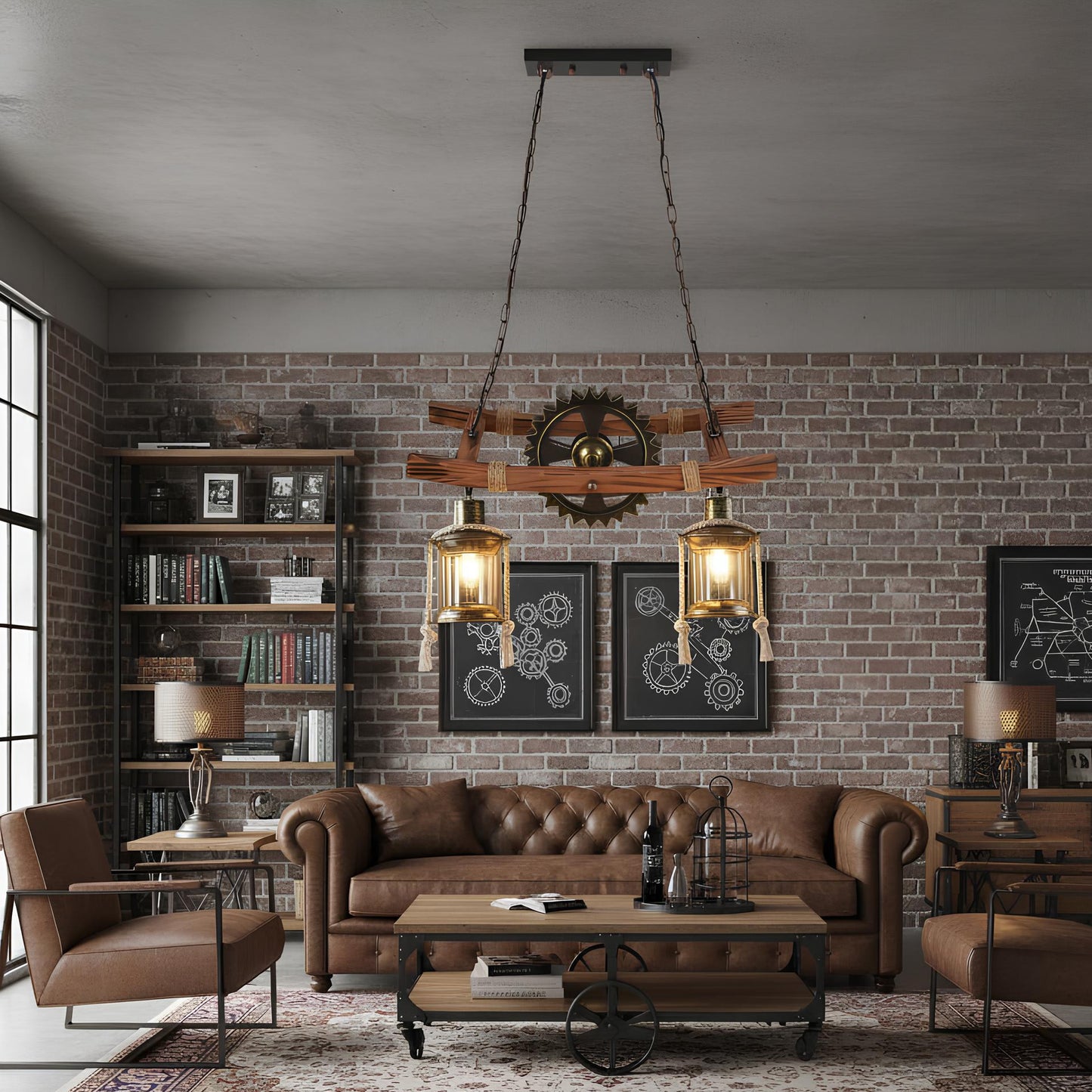 Suspension vintage bois et métal – Lustre 2 ampoules style rustique