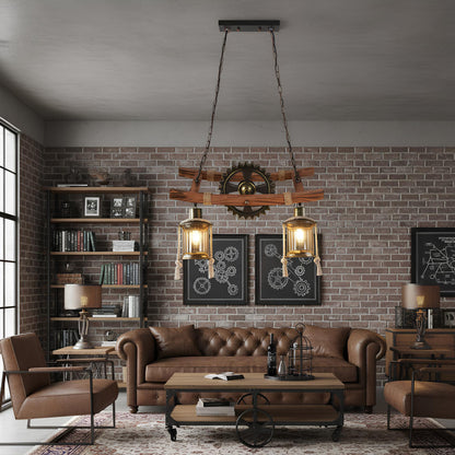 Suspension vintage bois et métal – Lustre 2 ampoules style rustique