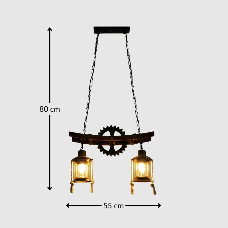 Suspension vintage bois et métal – Lustre 2 ampoules style rustique