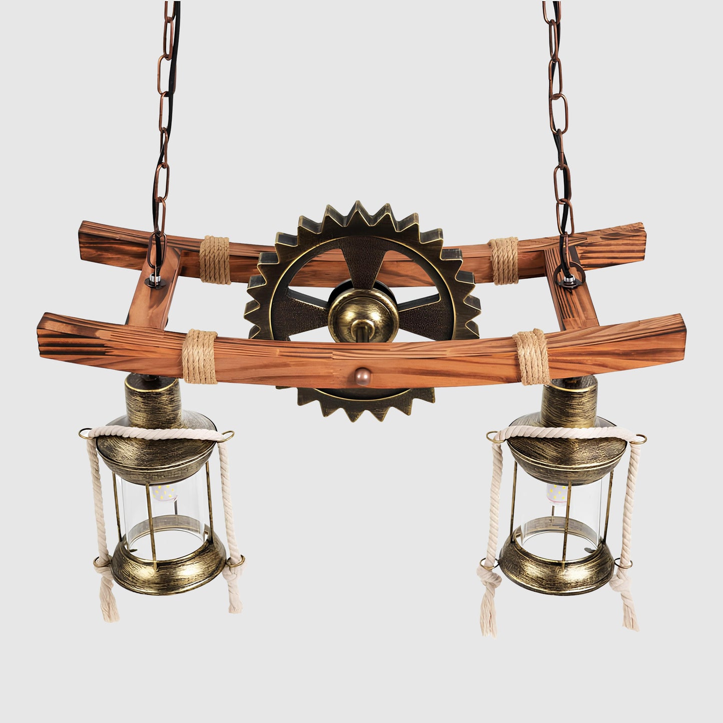 Suspension vintage bois et métal – Lustre 2 ampoules style rustique