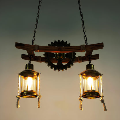 Suspension vintage bois et métal – Lustre 2 ampoules style rustique