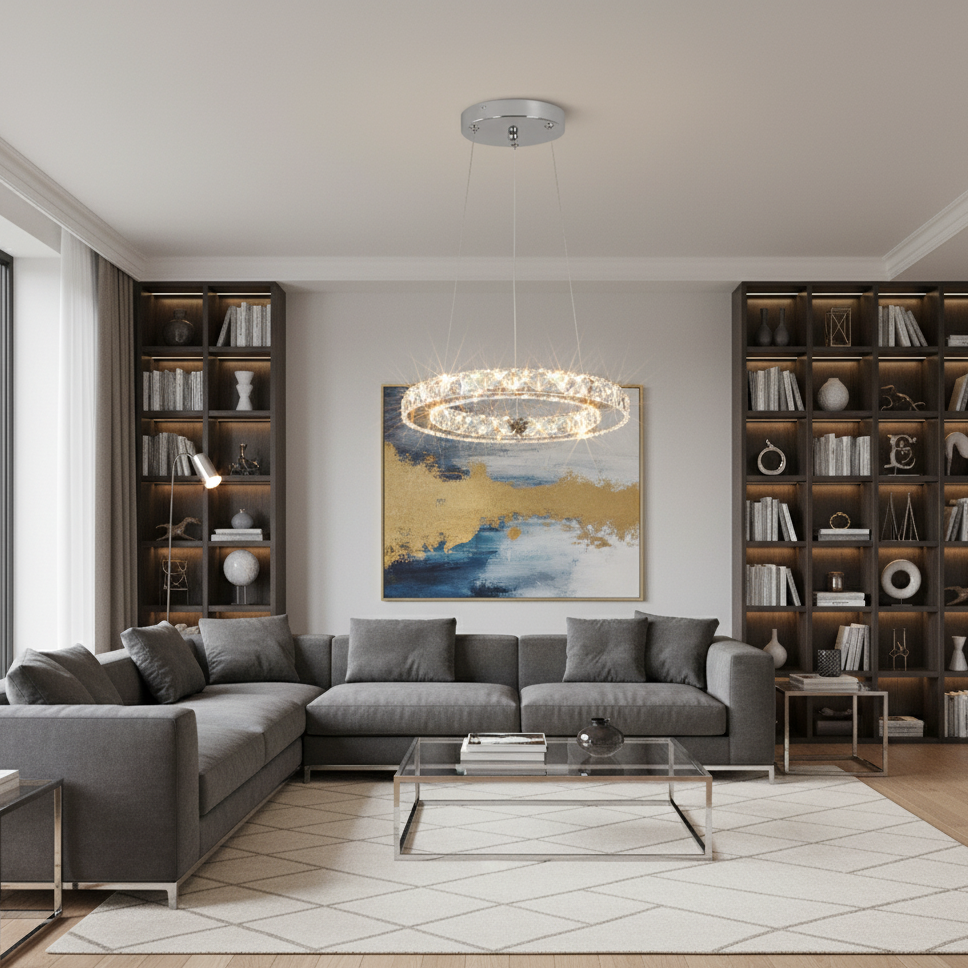 Suspension salon anneau argenté avec cristaux carrés