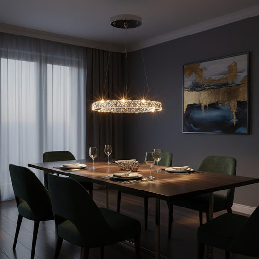 Suspension salon anneau argenté avec cristaux carrés