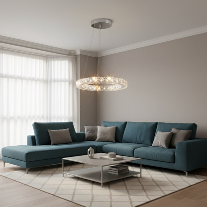 Suspension salon anneau argenté avec cristaux carrés